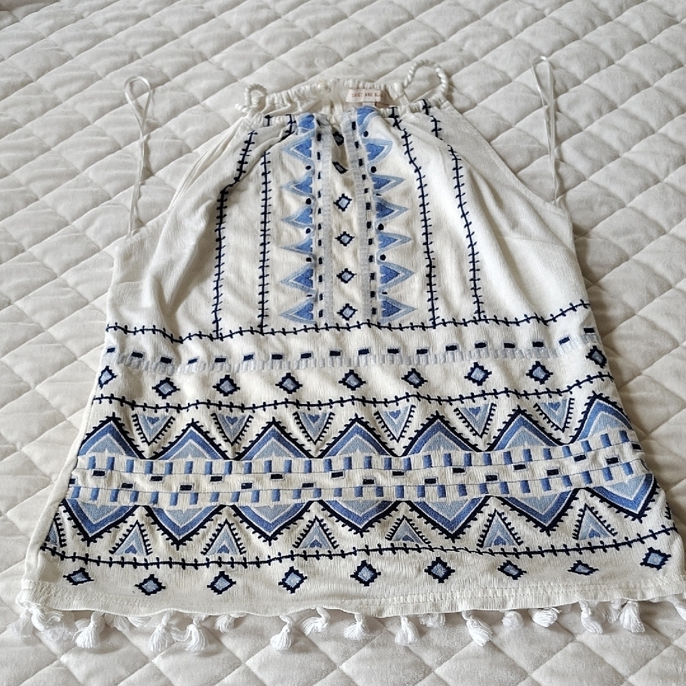 Skies Are Blue, Boho Embroidered Halter Top.